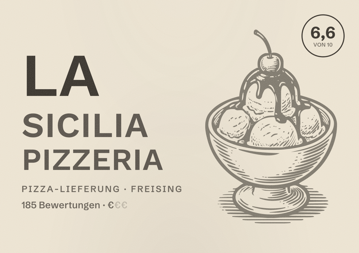 Illustriertes Poster von La Sicilia Pizzeria, Pizza-Lieferung in Freising: Bewertung 6,6 von 10 aus 185 Bewertungen, Preisniveau €