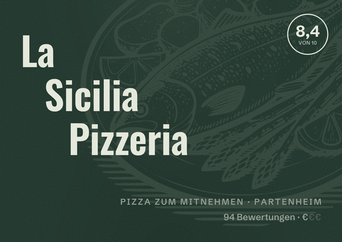 Illustriertes Poster von La Sicilia Pizzeria, Pizza zum Mitnehmen in Partenheim: Bewertung 8,4 von 10 aus 94 Bewertungen, Preisniveau €