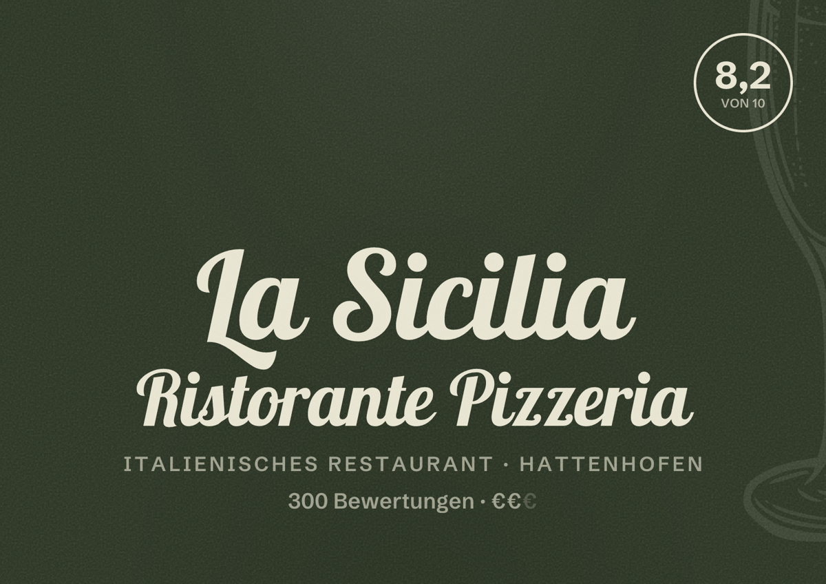 Illustriertes Poster von La Sicilia Ristorante Pizzeria, Italienisches Restaurant in Hattenhofen: Bewertung 8,2 von 10 aus 300 Bewertungen, Preisniveau €€
