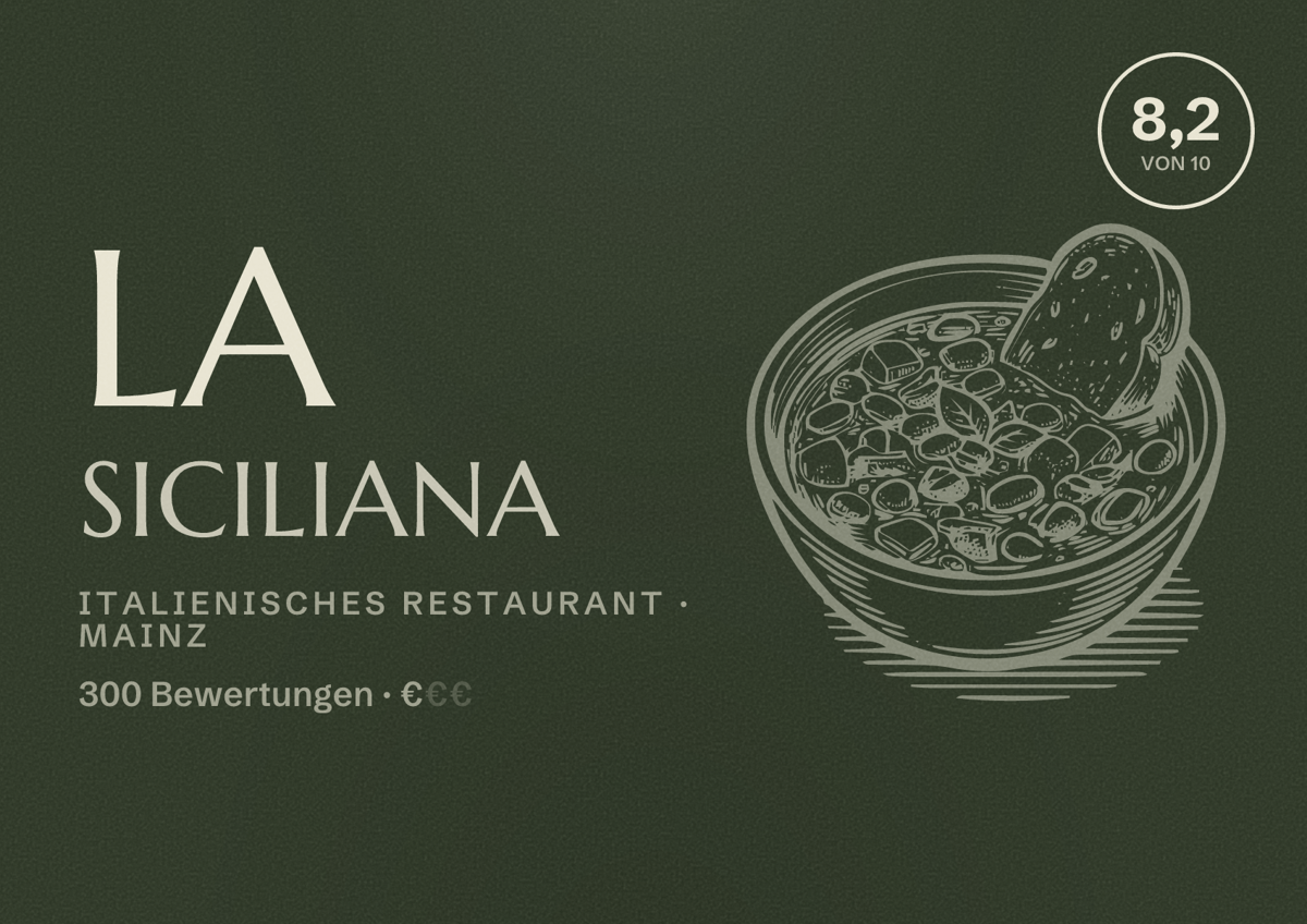 Illustriertes Poster von La Siciliana, Italienisches Restaurant in Mainz: Bewertung 8,2 von 10 aus 300 Bewertungen, Preisniveau €