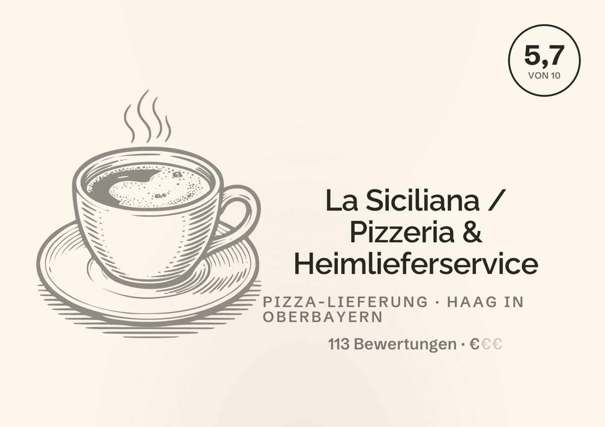 Illustriertes Poster von La Siciliana / Pizzeria & Heimlieferservice, Pizza-Lieferung in Haag in Oberbayern: Bewertung 5,7 von 10 aus 113 Bewertungen, Preisniveau €