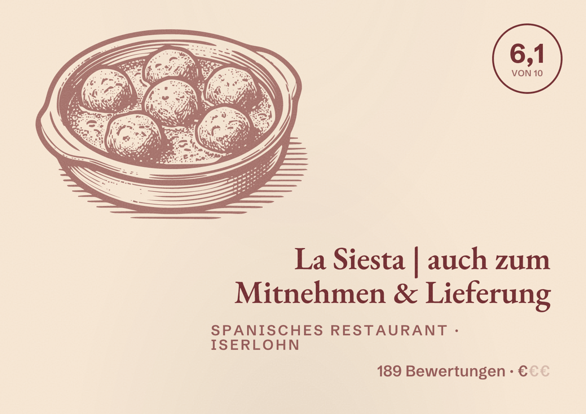 Illustriertes Poster von La Siesta | auch zum Mitnehmen & Lieferung, Spanisches Restaurant in Iserlohn: Bewertung 6,1 von 10 aus 189 Bewertungen, Preisniveau €