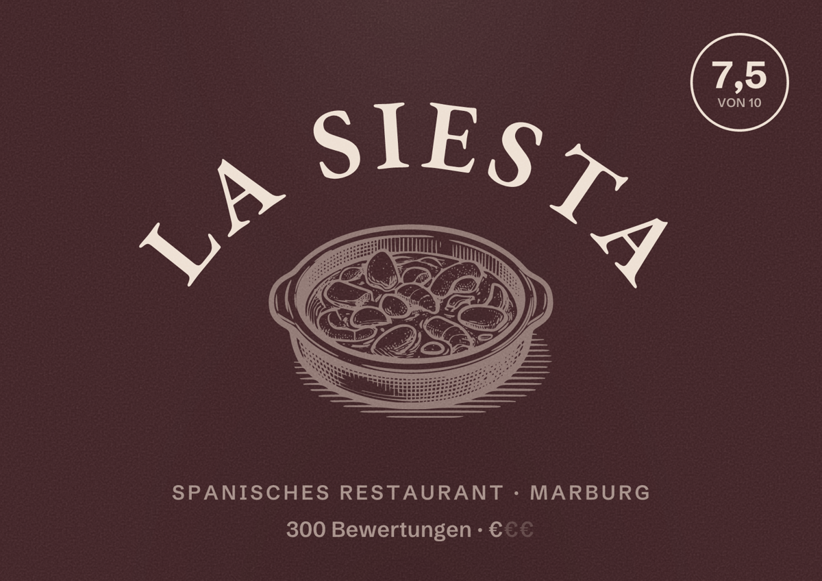 Illustriertes Poster von La Siesta, Spanisches Restaurant in Marburg: Bewertung 7,5 von 10 aus 300 Bewertungen, Preisniveau €
