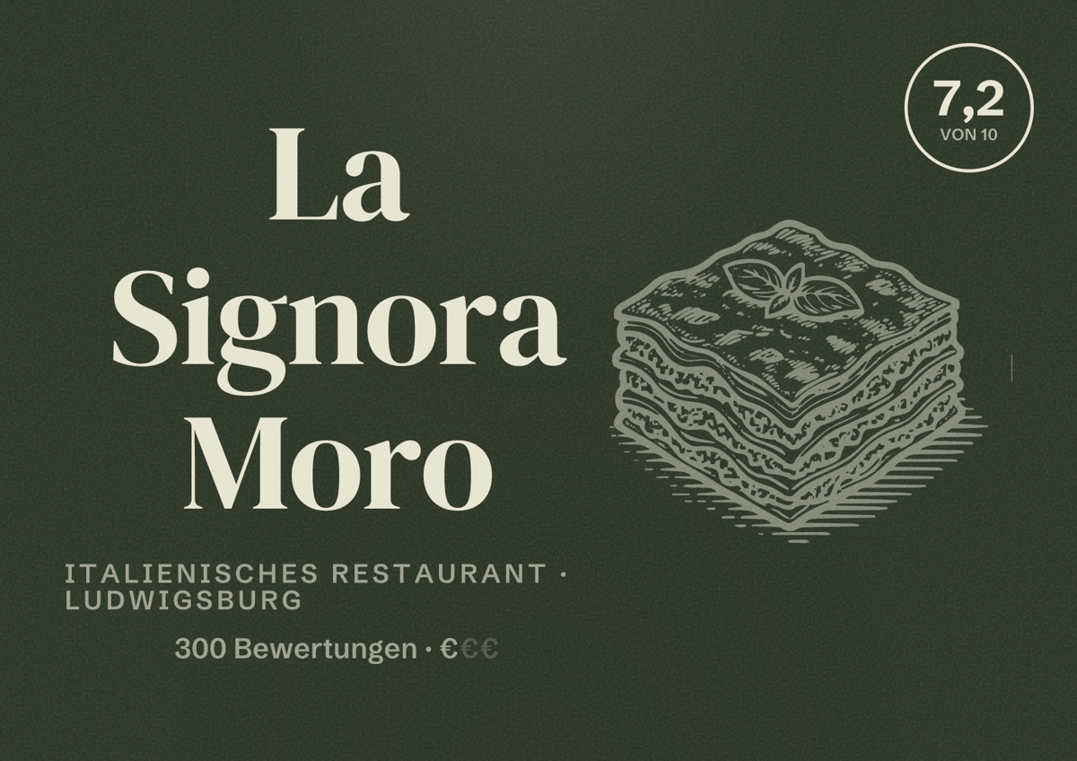 Illustriertes Poster von La Signora Moro, Italienisches Restaurant in Ludwigsburg: Bewertung 7,2 von 10 aus 300 Bewertungen, Preisniveau €