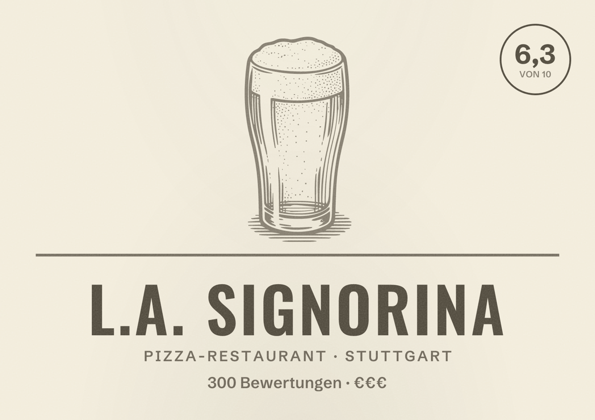 Illustriertes Poster von L.A. Signorina, Pizza-Restaurant in Stuttgart: Bewertung 6,3 von 10 aus 300 Bewertungen, Preisniveau €€€