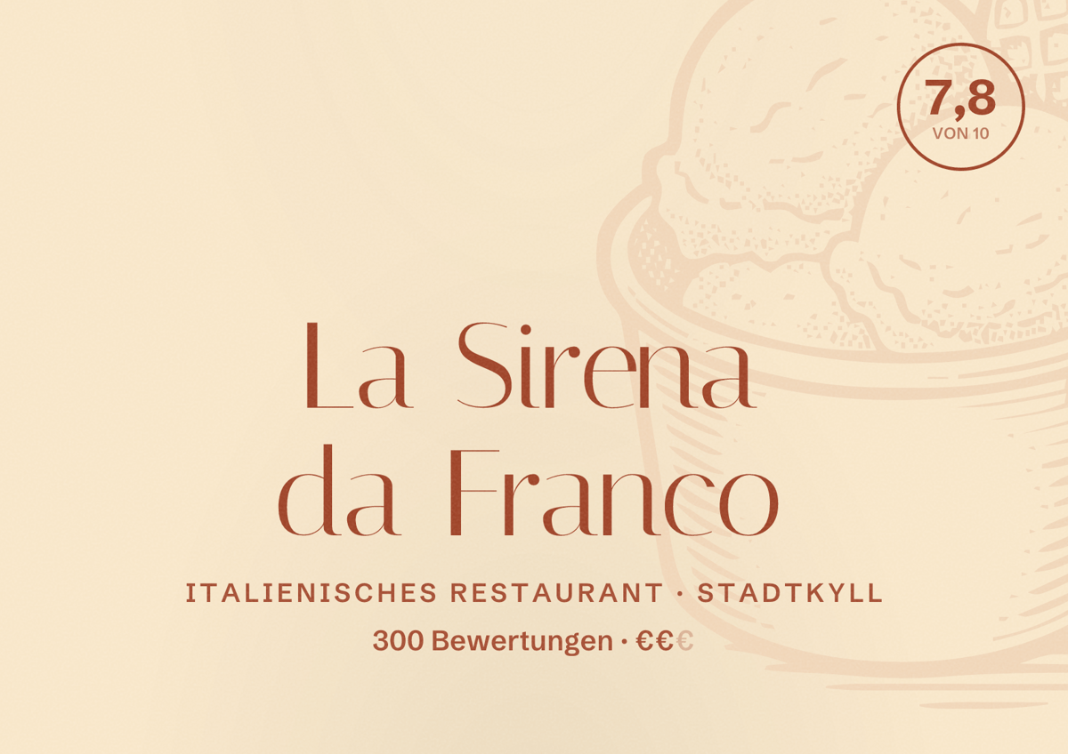 Illustriertes Poster von La Sirena da Franco, Italienisches Restaurant in Stadtkyll: Bewertung 7,8 von 10 aus 300 Bewertungen, Preisniveau €€