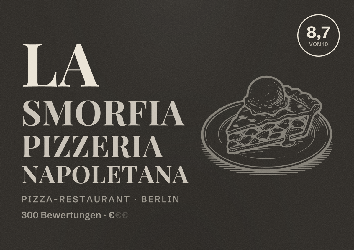 Illustriertes Poster von La Smorfia Pizzeria Napoletana, Pizza-Restaurant in Berlin: Bewertung 8,7 von 10 aus 300 Bewertungen, Preisniveau €