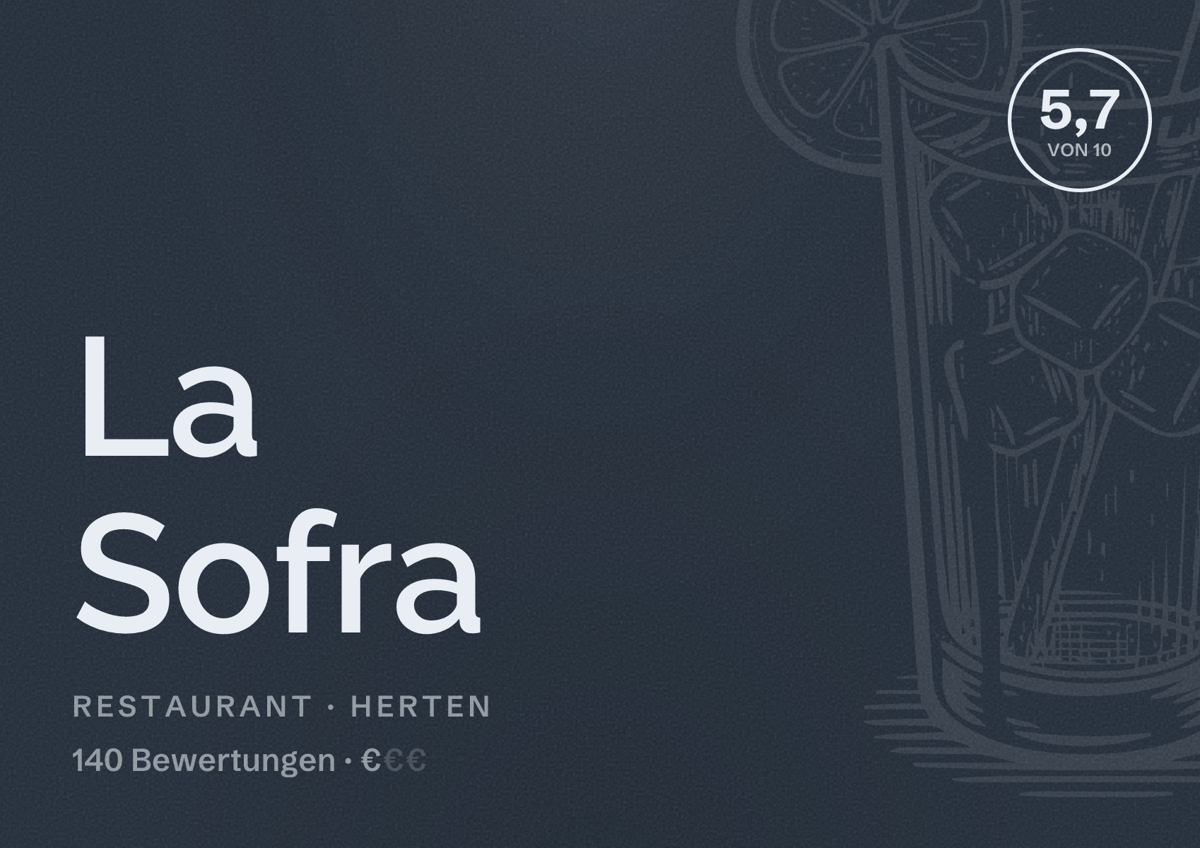 Illustriertes Poster von La Sofra, Restaurant in Herten: Bewertung 5,7 von 10 aus 140 Bewertungen, Preisniveau €