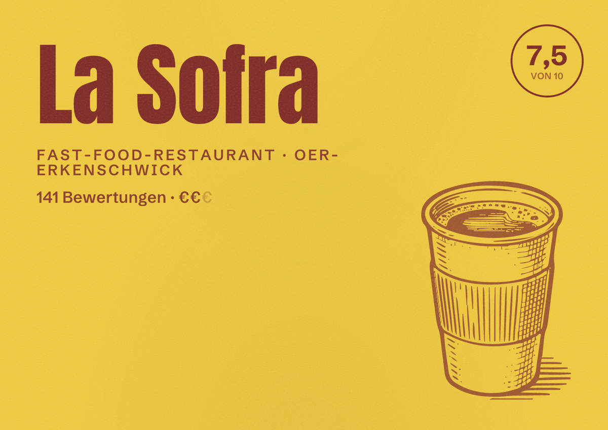 Illustriertes Poster von La Sofra, Fast-Food-Restaurant in Oer-Erkenschwick: Bewertung 7,5 von 10 aus 141 Bewertungen, Preisniveau €€