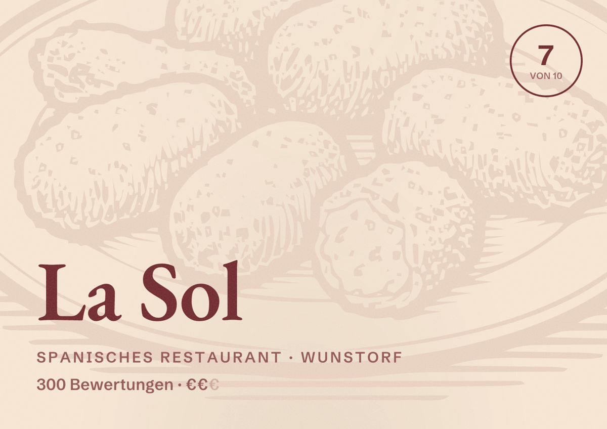 Illustriertes Poster von La Sol, Spanisches Restaurant in Wunstorf: Bewertung 7 von 10 aus 300 Bewertungen, Preisniveau €€
