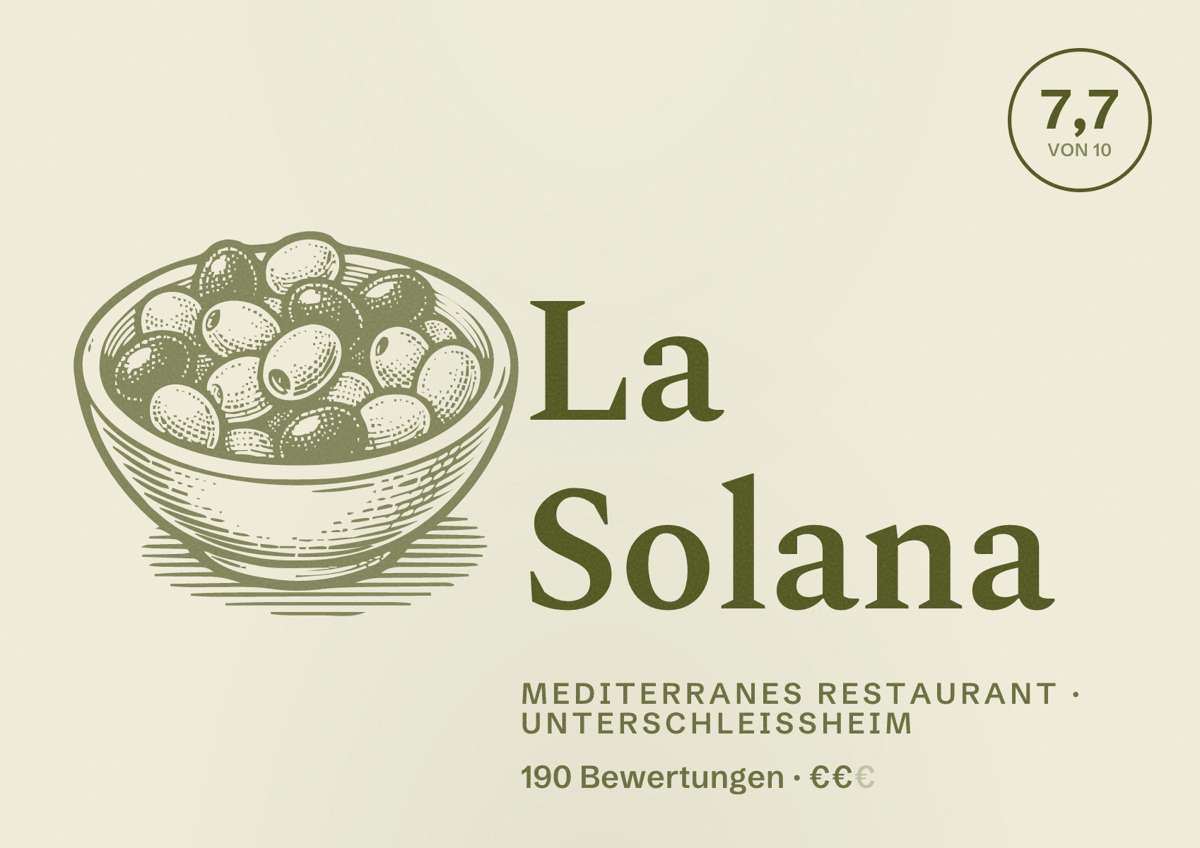 Illustriertes Poster von La Solana, Mediterranes Restaurant in Unterschleißheim: Bewertung 7,7 von 10 aus 190 Bewertungen, Preisniveau €€