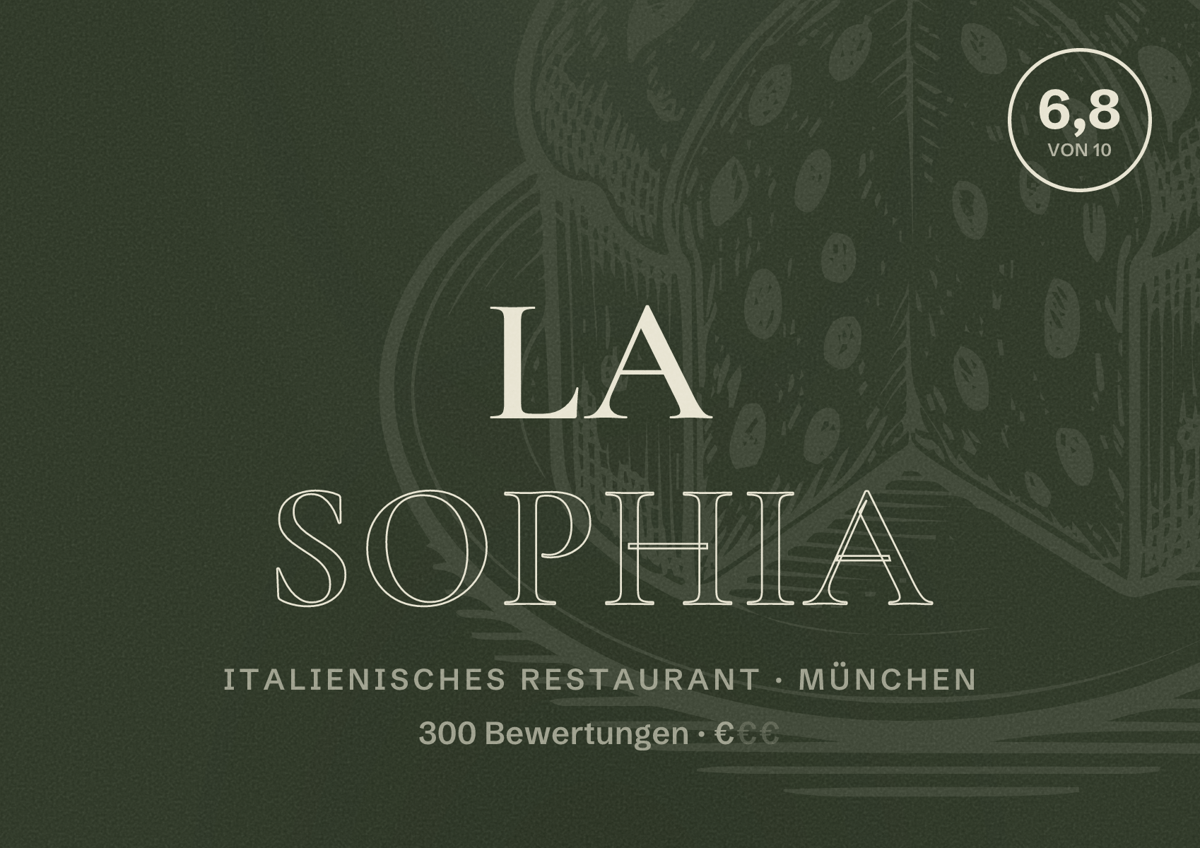 Illustriertes Poster von La Sophia, Italienisches Restaurant in München: Bewertung 6,8 von 10 aus 300 Bewertungen, Preisniveau €