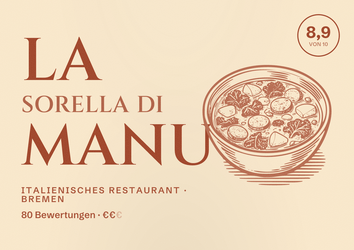 Illustriertes Poster von La Sorella di Manu, Italienisches Restaurant in Bremen: Bewertung 8,9 von 10 aus 80 Bewertungen, Preisniveau €€