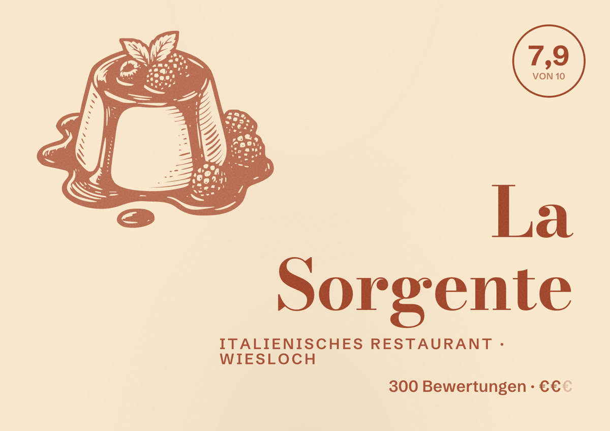 Illustriertes Poster von La Sorgente, Italienisches Restaurant in Wiesloch: Bewertung 7,9 von 10 aus 300 Bewertungen, Preisniveau €€