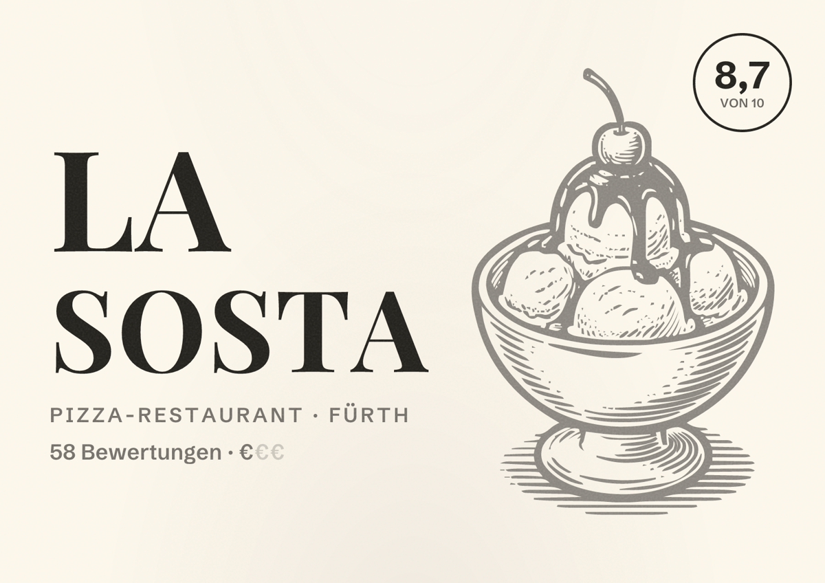 Illustriertes Poster von La Sosta, Pizza-Restaurant in Fürth: Bewertung 8,7 von 10 aus 58 Bewertungen, Preisniveau €
