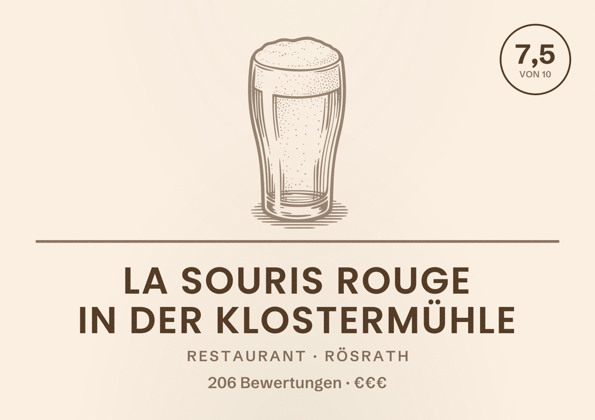 Illustriertes Poster von La Souris Rouge in der Klostermühle, Restaurant in Rösrath: Bewertung 7,5 von 10 aus 206 Bewertungen, Preisniveau €€€
