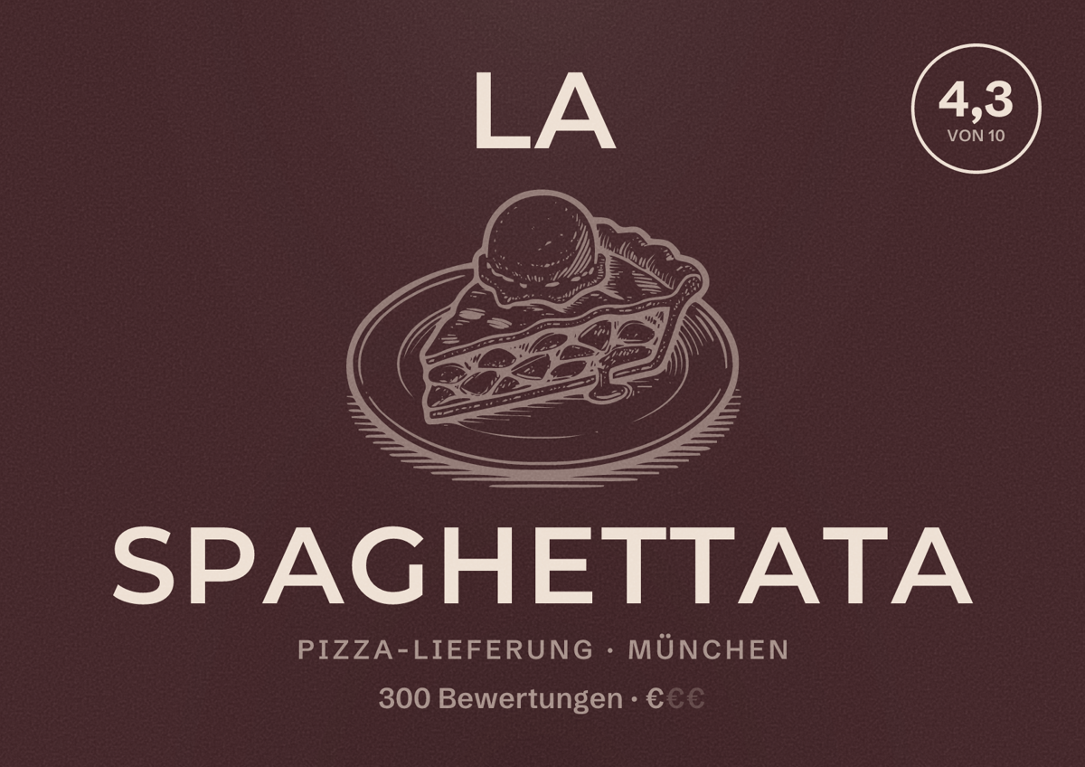 Illustriertes Poster von La Spaghettata, Pizza-Lieferung in München: Bewertung 4,3 von 10 aus 300 Bewertungen, Preisniveau €