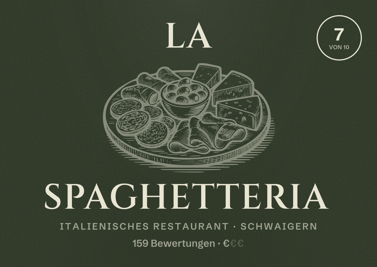 Illustriertes Poster von La Spaghetteria, Italienisches Restaurant in Schwaigern: Bewertung 7 von 10 aus 159 Bewertungen, Preisniveau €