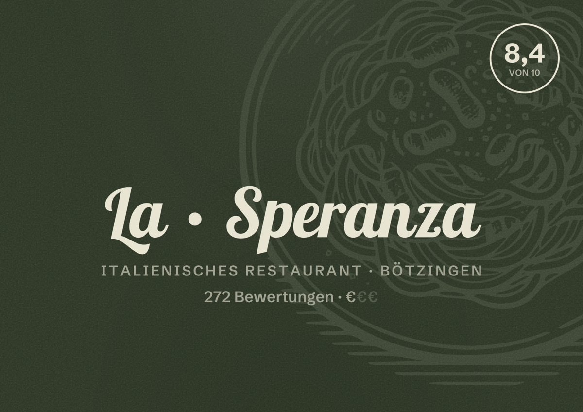 Illustriertes Poster von La Speranza, Italienisches Restaurant in Bötzingen: Bewertung 8,4 von 10 aus 272 Bewertungen, Preisniveau €