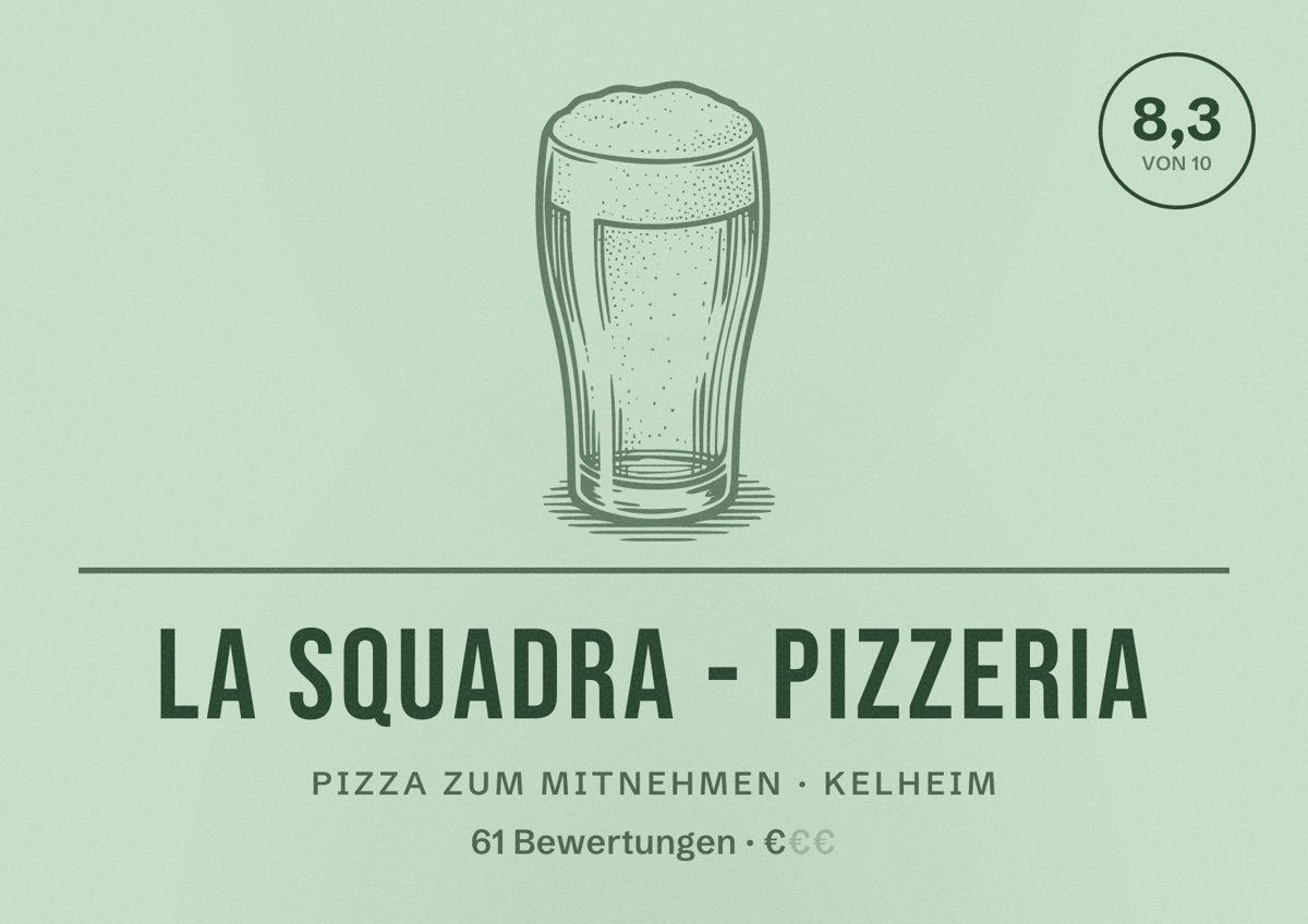 Illustriertes Poster von La Squadra - Pizzeria, Pizza zum Mitnehmen in Kelheim: Bewertung 8,3 von 10 aus 61 Bewertungen, Preisniveau €