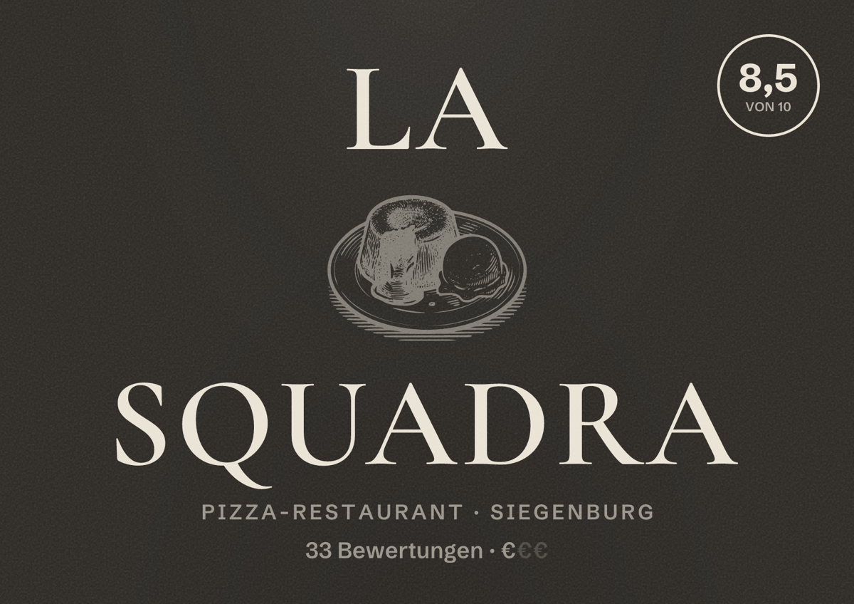 Illustriertes Poster von La Squadra, Pizza-Restaurant in Siegenburg: Bewertung 8,5 von 10 aus 33 Bewertungen, Preisniveau €