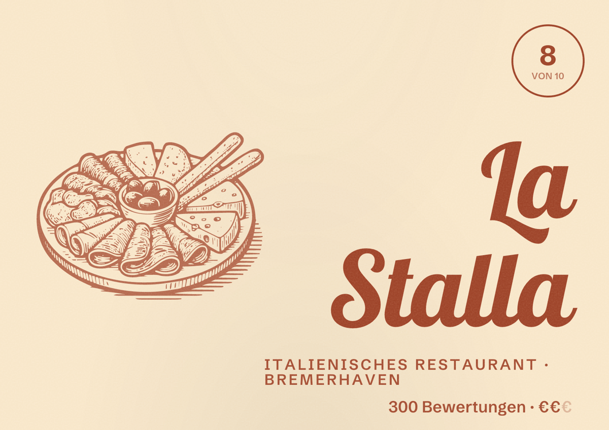 Illustriertes Poster von La Stalla, Italienisches Restaurant in Bremerhaven: Bewertung 8 von 10 aus 300 Bewertungen, Preisniveau €€