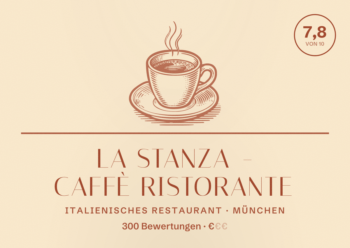 Illustriertes Poster von La Stanza - Caffè Ristorante, Italienisches Restaurant in München: Bewertung 7,8 von 10 aus 300 Bewertungen, Preisniveau €