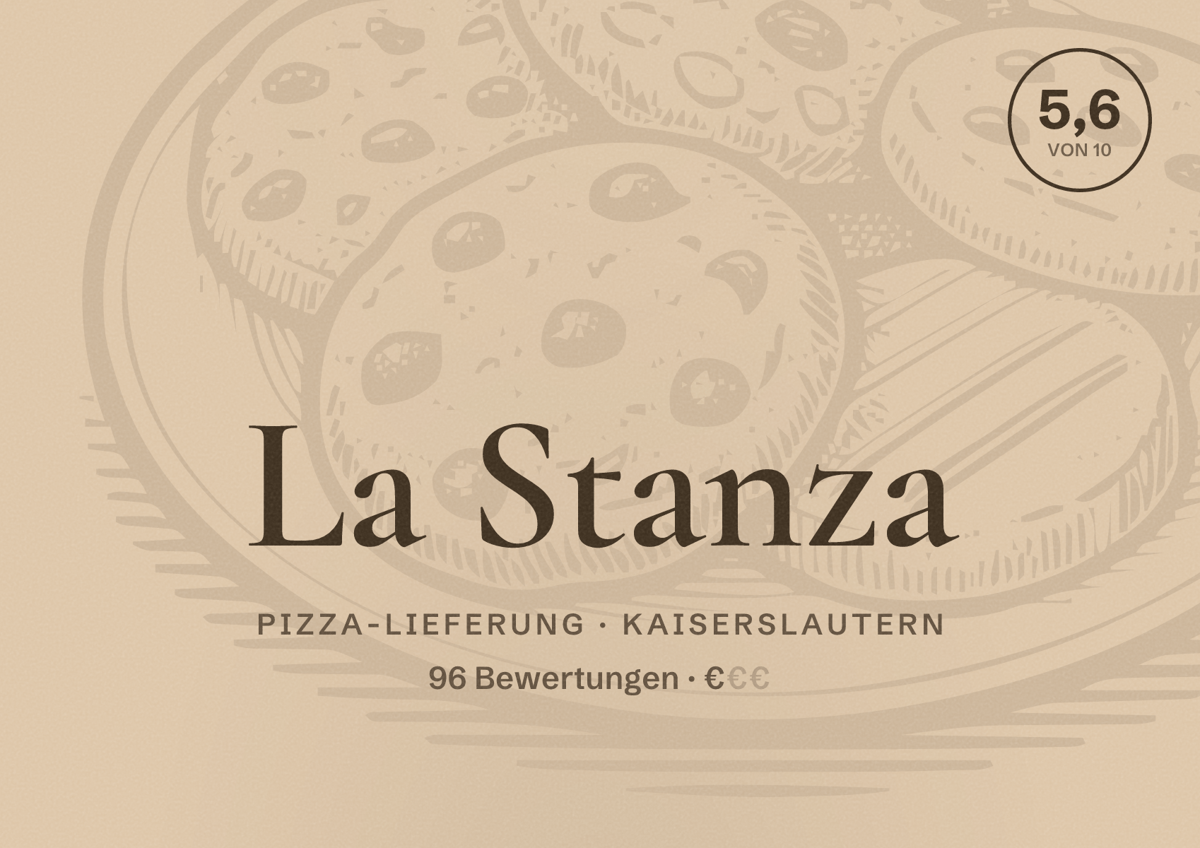 Illustriertes Poster von La Stanza, Pizza-Lieferung in Kaiserslautern: Bewertung 5,6 von 10 aus 96 Bewertungen, Preisniveau €