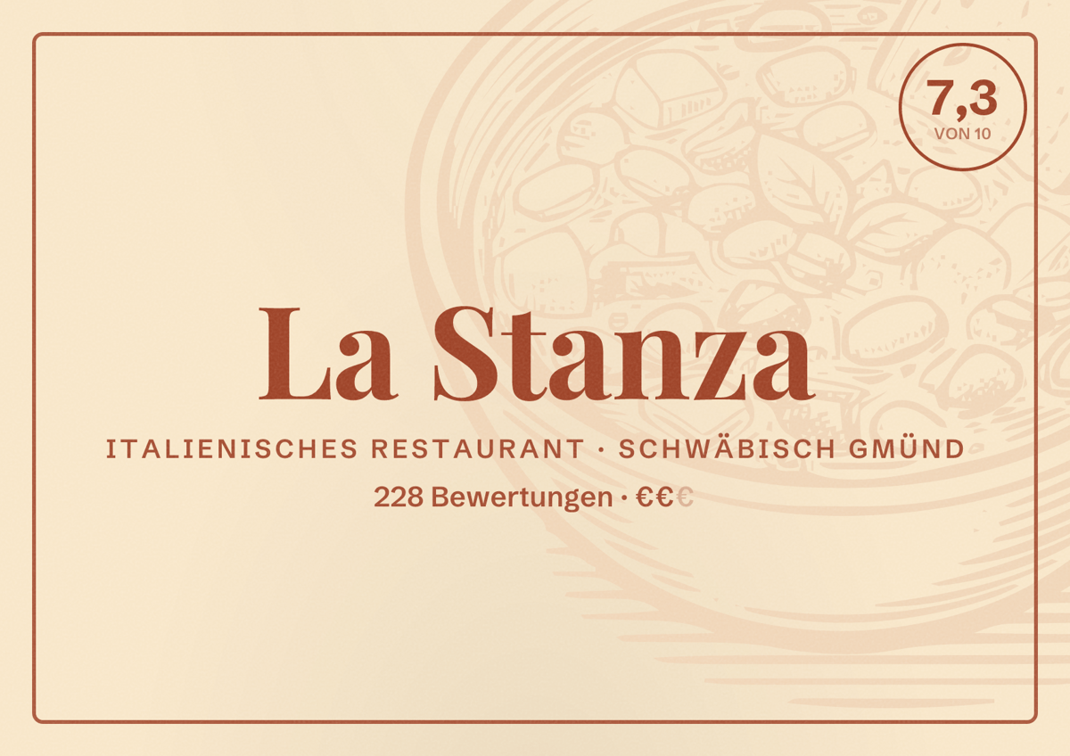 Illustriertes Poster von La Stanza, Italienisches Restaurant in Schwäbisch Gmünd: Bewertung 7,3 von 10 aus 228 Bewertungen, Preisniveau €€