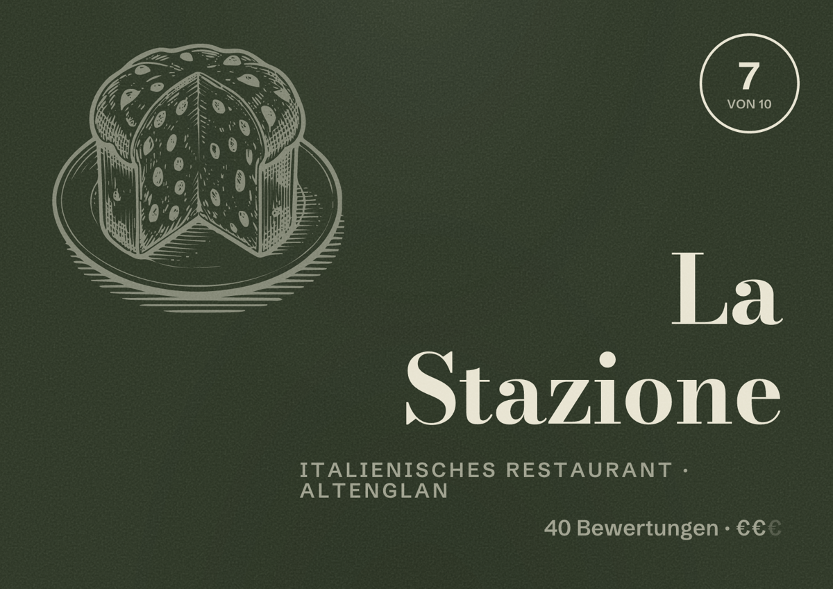 Illustriertes Poster von La Stazione, Italienisches Restaurant in Altenglan: Bewertung 7 von 10 aus 40 Bewertungen, Preisniveau €€