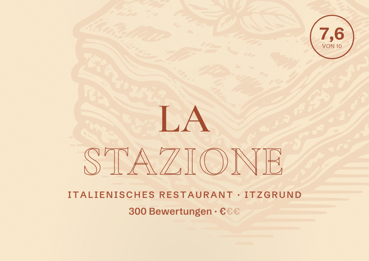 Illustriertes Poster von La Stazione, Italienisches Restaurant in Itzgrund: Bewertung 7,6 von 10 aus 300 Bewertungen, Preisniveau €