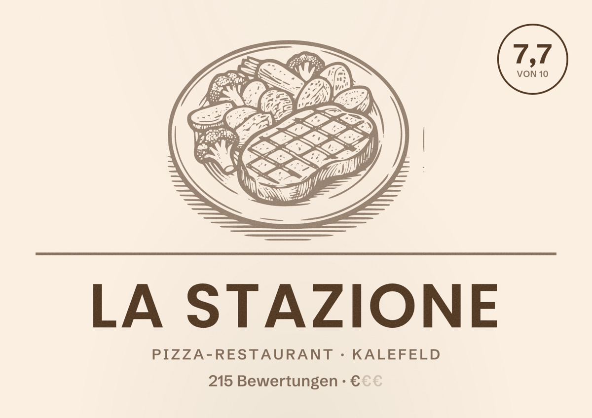 Illustriertes Poster von La Stazione, Pizza-Restaurant in Kalefeld: Bewertung 7,7 von 10 aus 215 Bewertungen, Preisniveau €