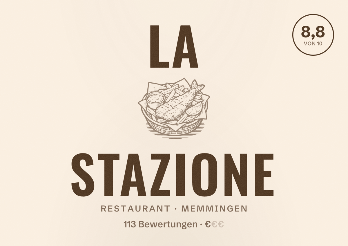 Illustriertes Poster von La Stazione, Restaurant in Memmingen: Bewertung 8,8 von 10 aus 113 Bewertungen, Preisniveau €