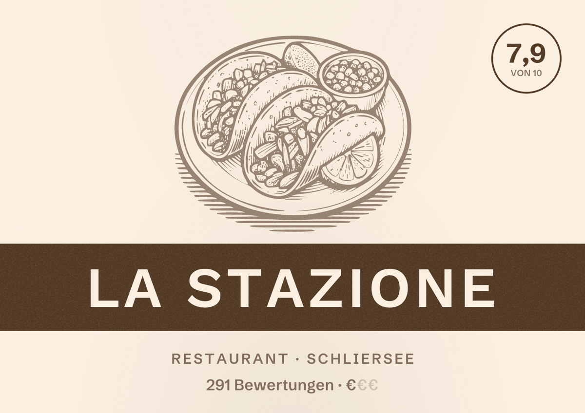 Illustriertes Poster von La Stazione, Restaurant in Schliersee: Bewertung 7,9 von 10 aus 291 Bewertungen, Preisniveau €
