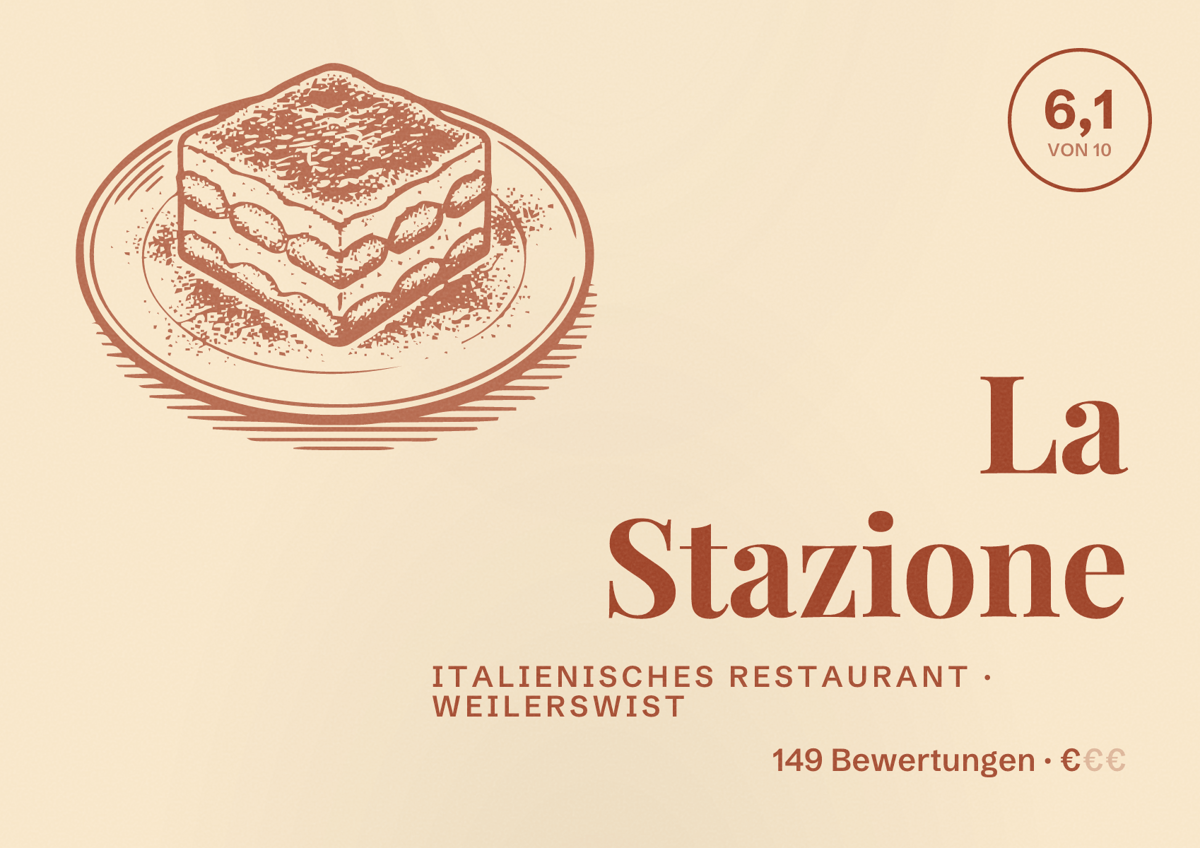 Illustriertes Poster von La Stazione, Italienisches Restaurant in Weilerswist: Bewertung 6,1 von 10 aus 149 Bewertungen, Preisniveau €