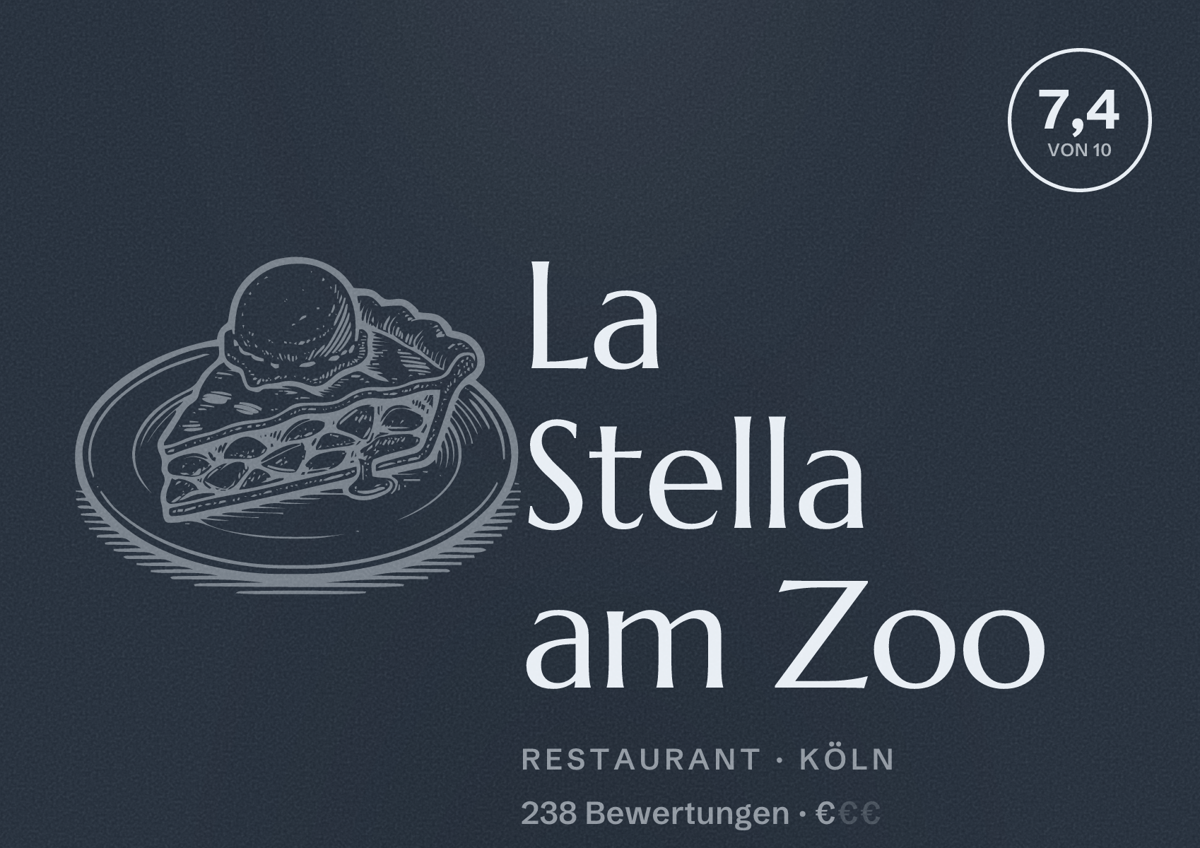 Illustriertes Poster von La Stella am Zoo, Restaurant in Köln: Bewertung 7,4 von 10 aus 238 Bewertungen, Preisniveau €