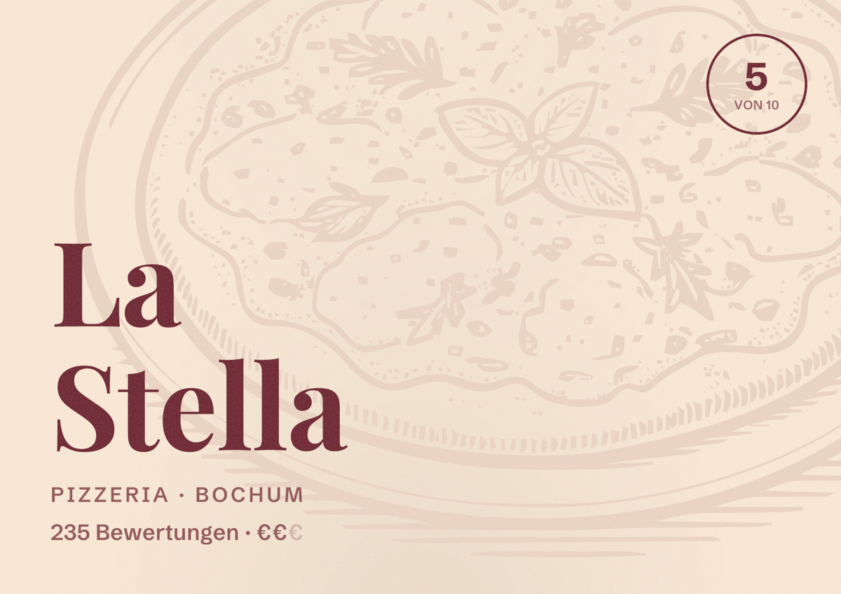 Illustriertes Poster von La Stella, Pizzeria in Bochum: Bewertung 5 von 10 aus 235 Bewertungen, Preisniveau €€
