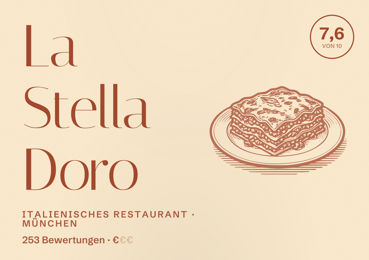 Illustriertes Poster von La Stella Doro, Italienisches Restaurant in München: Bewertung 7,6 von 10 aus 253 Bewertungen, Preisniveau €