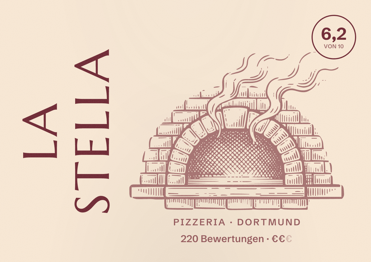 Illustriertes Poster von LA STELLA, Pizzeria in Dortmund: Bewertung 6,2 von 10 aus 220 Bewertungen, Preisniveau €€