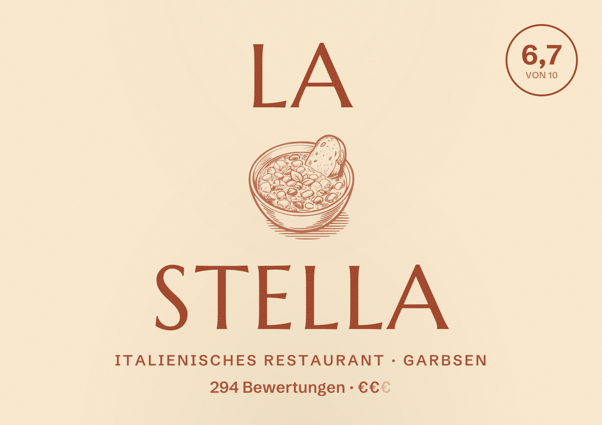 Illustriertes Poster von La Stella, Italienisches Restaurant in Garbsen: Bewertung 6,7 von 10 aus 294 Bewertungen, Preisniveau €€