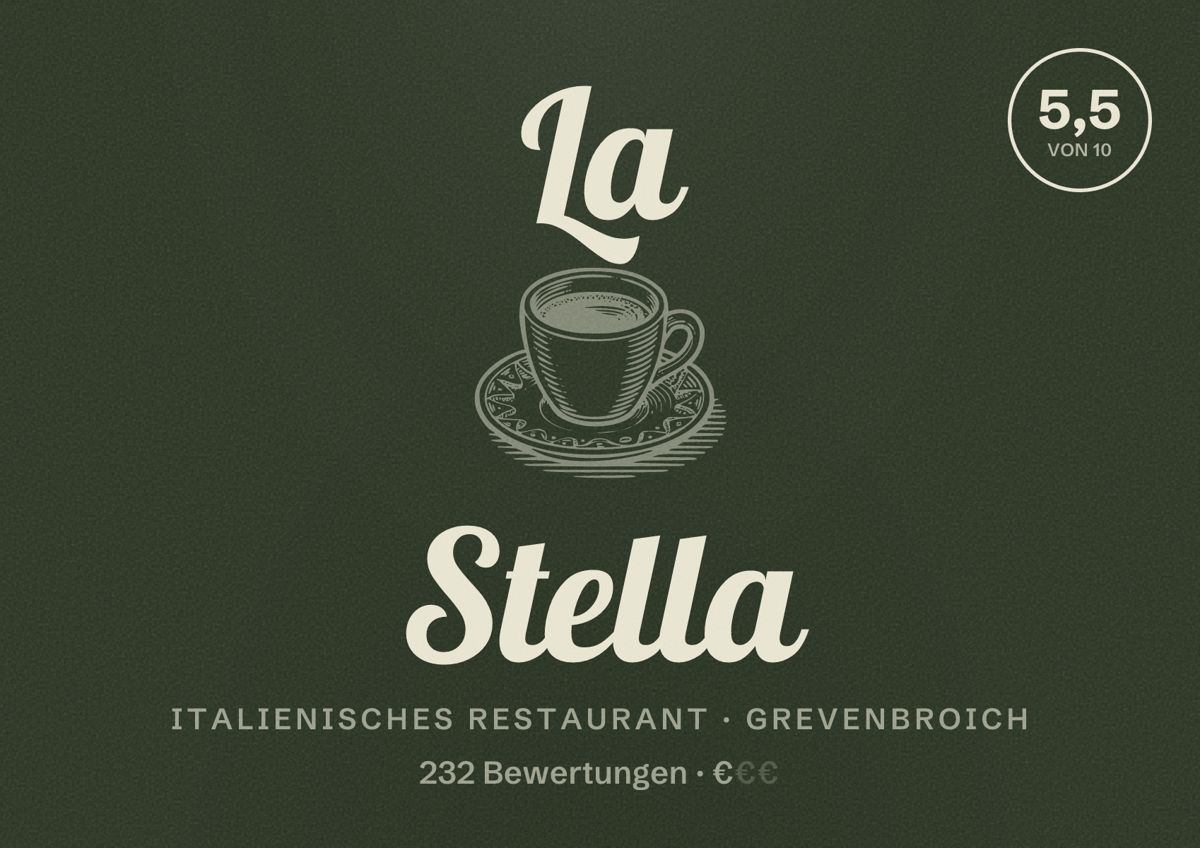 Illustriertes Poster von La Stella, Italienisches Restaurant in Grevenbroich: Bewertung 5,5 von 10 aus 232 Bewertungen, Preisniveau €