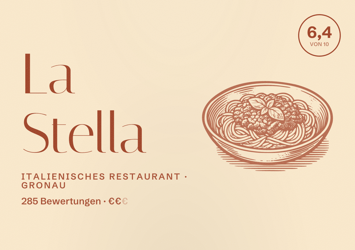 Illustriertes Poster von La Stella, Italienisches Restaurant in Gronau: Bewertung 6,4 von 10 aus 285 Bewertungen, Preisniveau €€