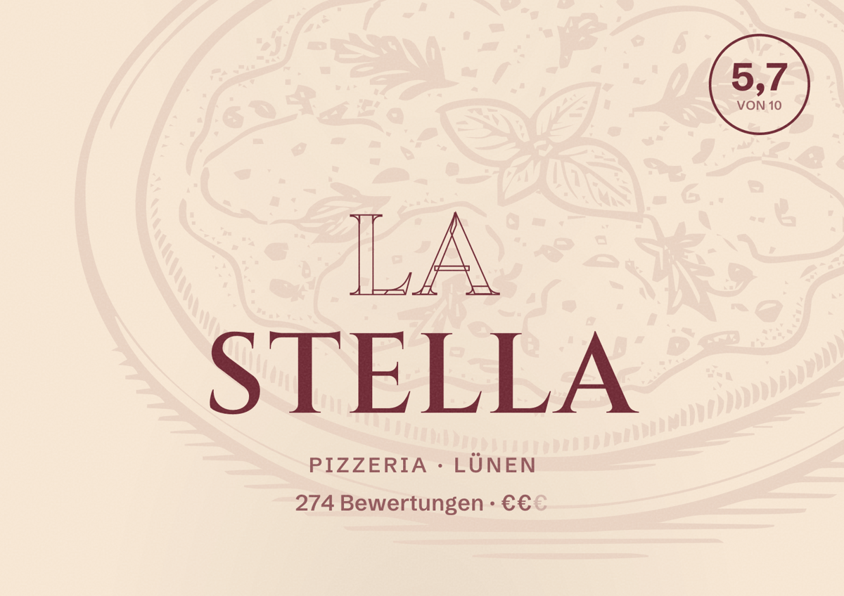Illustriertes Poster von La Stella, Pizzeria in Lünen: Bewertung 5,7 von 10 aus 274 Bewertungen, Preisniveau €€
