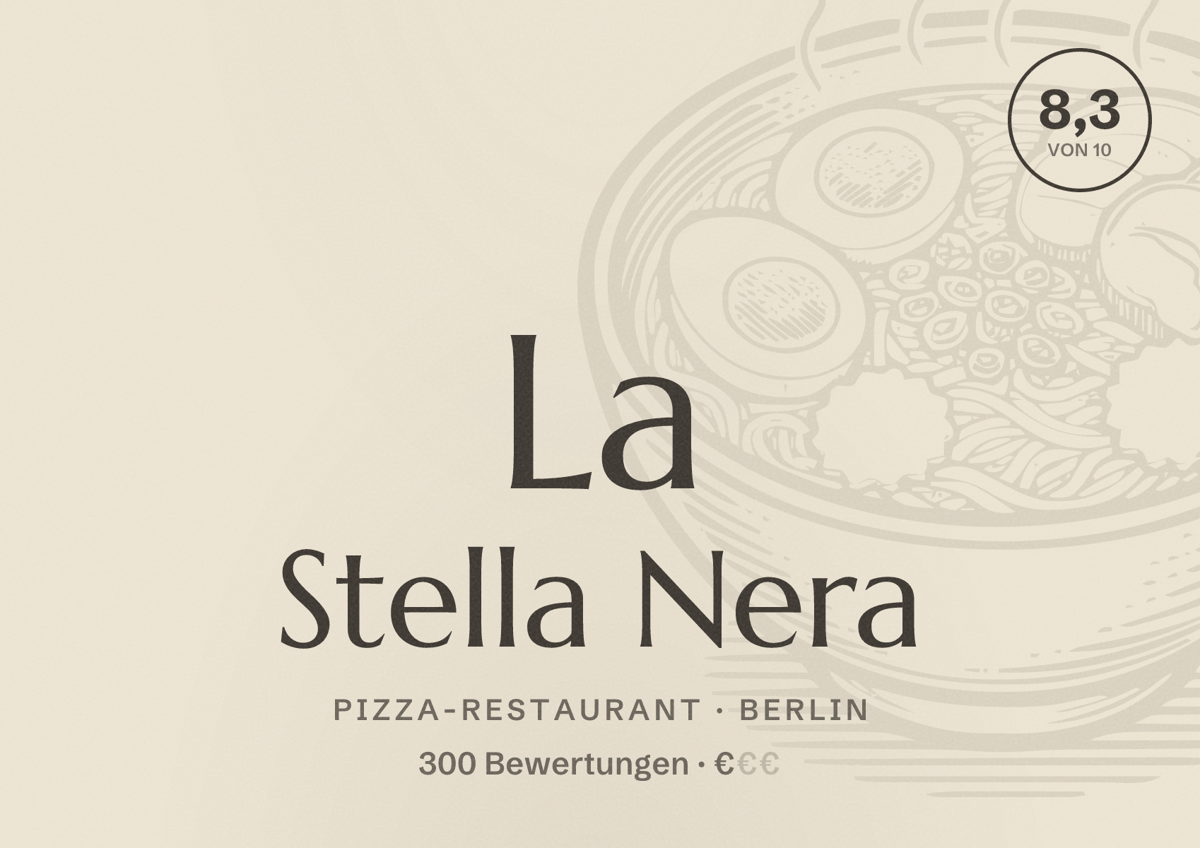 Illustriertes Poster von La Stella Nera, Pizza-Restaurant in Berlin: Bewertung 8,3 von 10 aus 300 Bewertungen, Preisniveau €