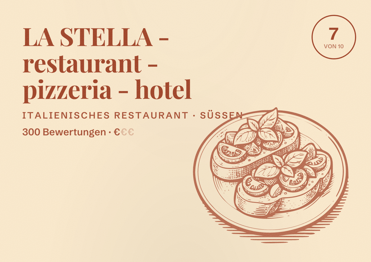 Illustriertes Poster von LA STELLA - restaurant - pizzeria - hotel, Italienisches Restaurant in Süßen: Bewertung 7 von 10 aus 300 Bewertungen, Preisniveau €
