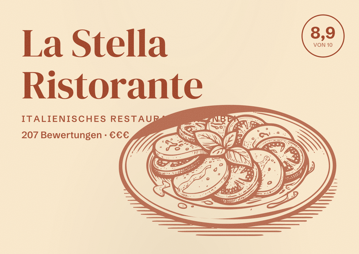 Illustriertes Poster von La Stella Ristorante, Italienisches Restaurant in Reinbek: Bewertung 8,9 von 10 aus 207 Bewertungen, Preisniveau €€€