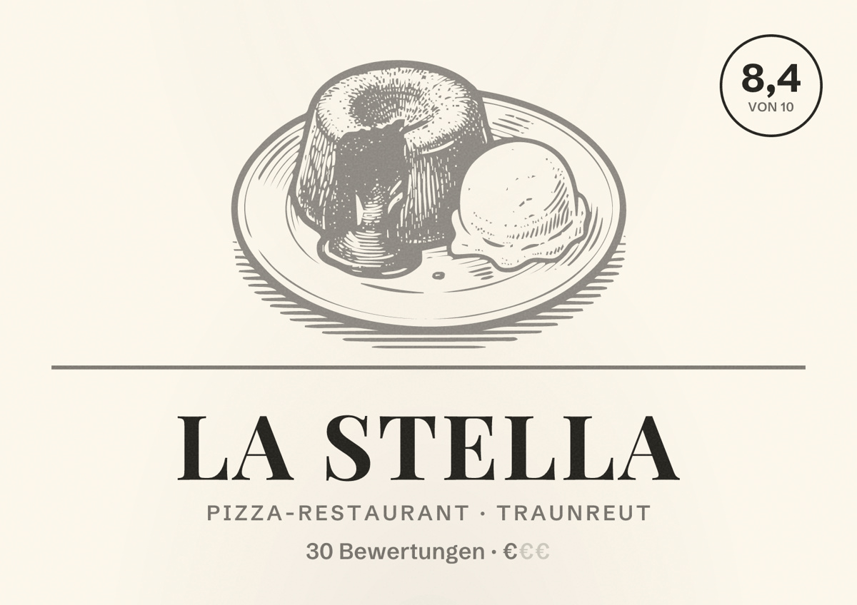Illustriertes Poster von La Stella, Pizza-Restaurant in Traunreut: Bewertung 8,4 von 10 aus 30 Bewertungen, Preisniveau €