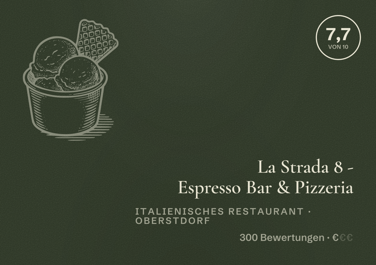 Illustriertes Poster von La Strada 8 - Espresso Bar & Pizzeria, Italienisches Restaurant in Oberstdorf: Bewertung 7,7 von 10 aus 300 Bewertungen, Preisniveau €
