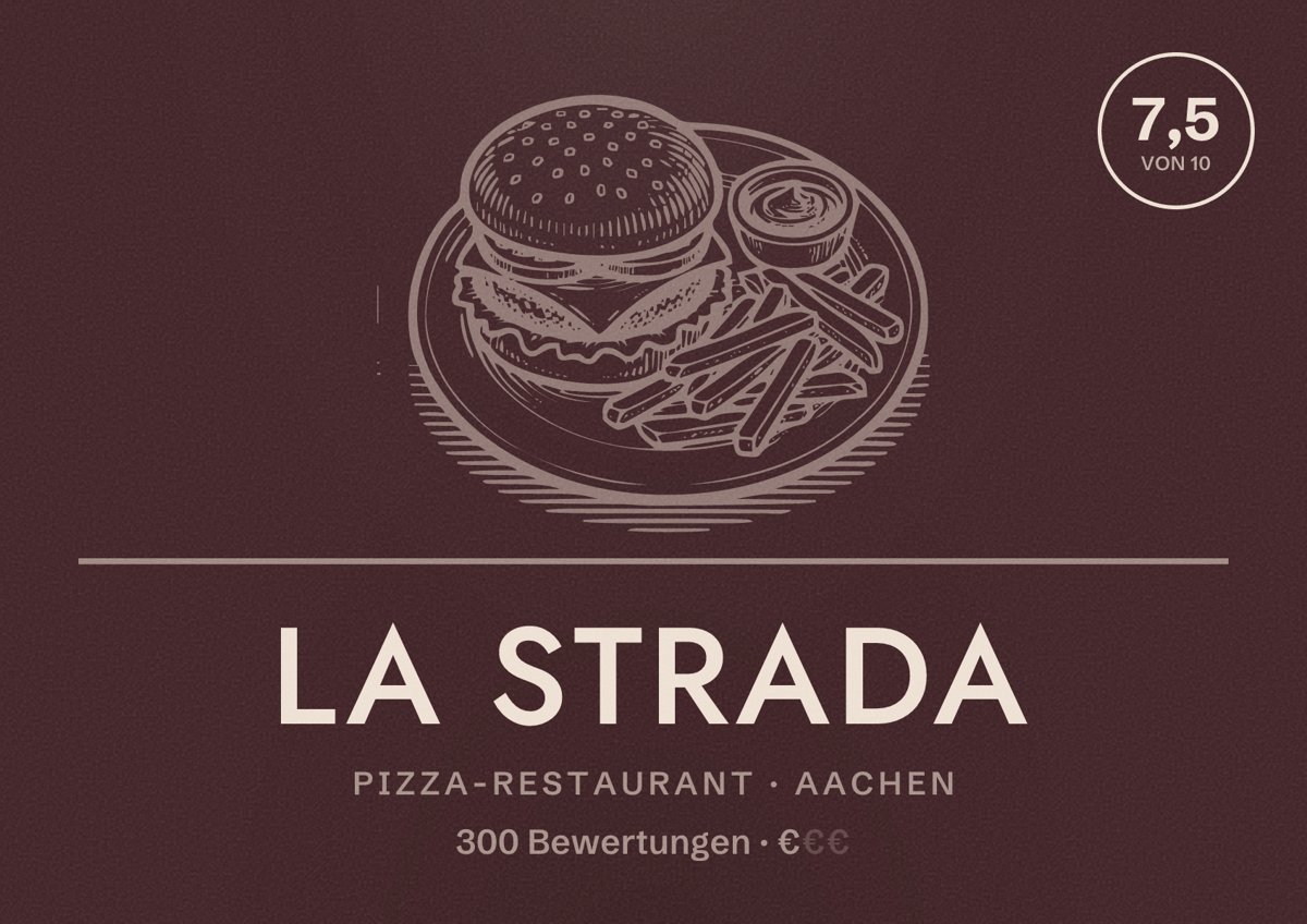 Illustriertes Poster von La Strada, Pizza-Restaurant in Aachen: Bewertung 7,5 von 10 aus 300 Bewertungen, Preisniveau €