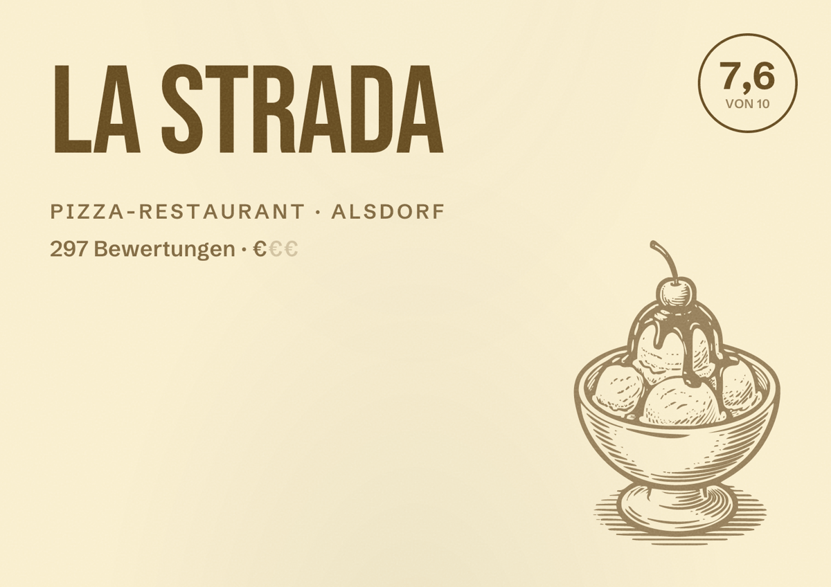 Illustriertes Poster von La Strada, Pizza-Restaurant in Alsdorf: Bewertung 7,6 von 10 aus 297 Bewertungen, Preisniveau €